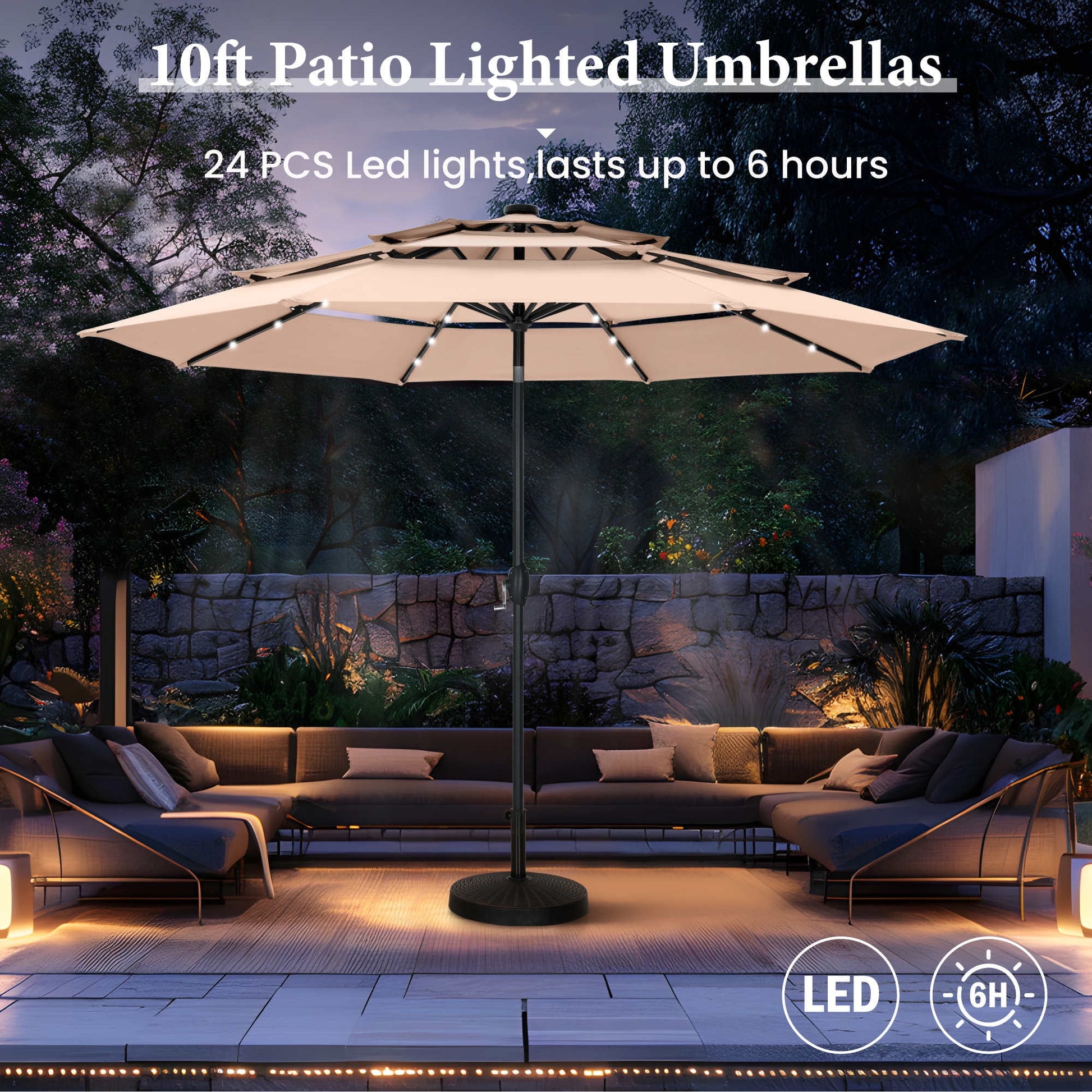 Summit Living 10ft Patio Umbrella with Solar Lights 3-Tier Vented Outdoor Market Umbrella with Auto-Tilt – Beige