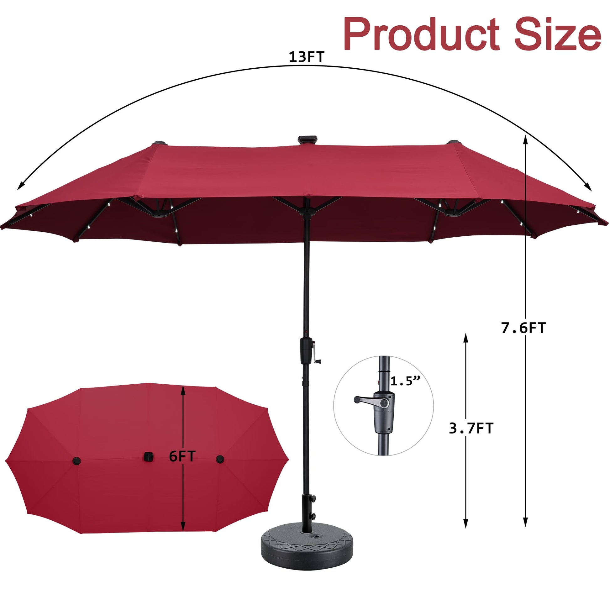 Autlaycil 13ft Patio Solar Umbrella LED Patio Market with Crank Outdoor and Umbrella Base, Red