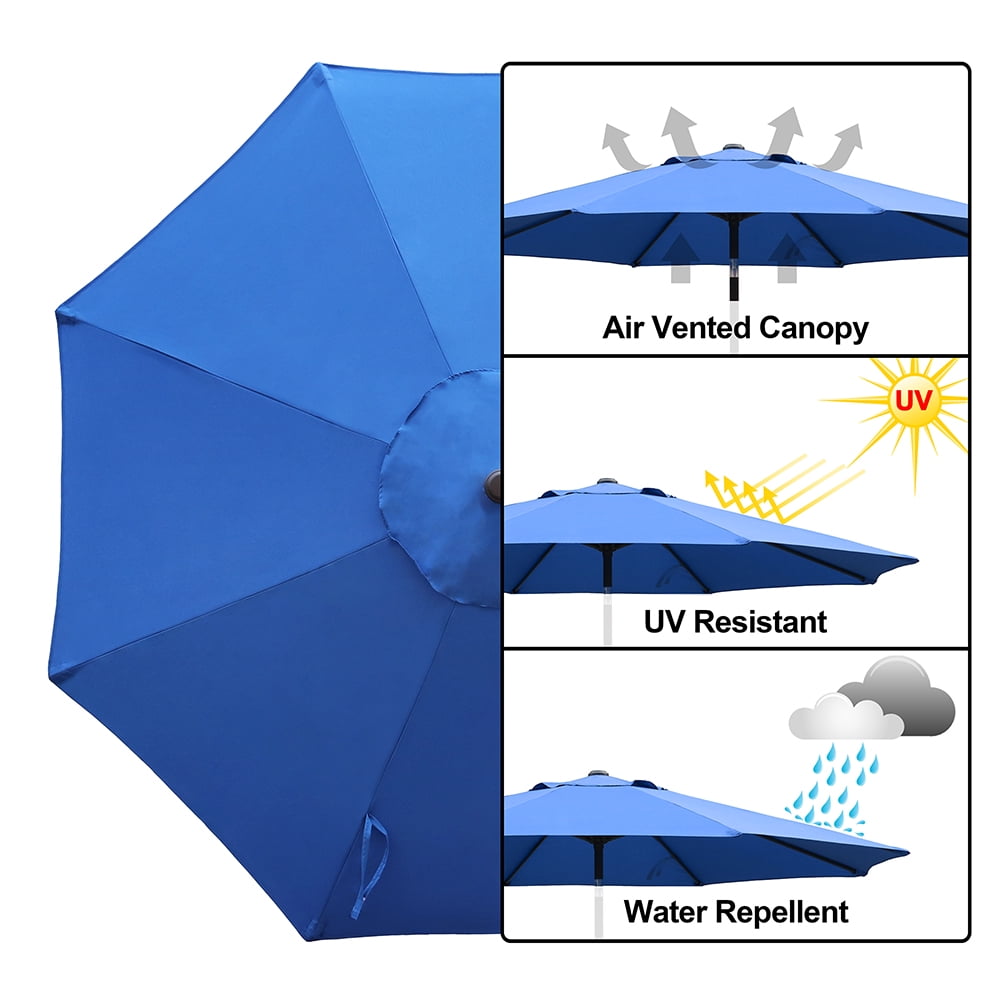 Abble 9FT Outdoor Patio Umbrella with Push Button Tilt and Crank Handle, Market Umbrella with 8 Sturdy Umbrella Ribs, Waterproof for Garden, Deck, Backyard, Pool, Blue