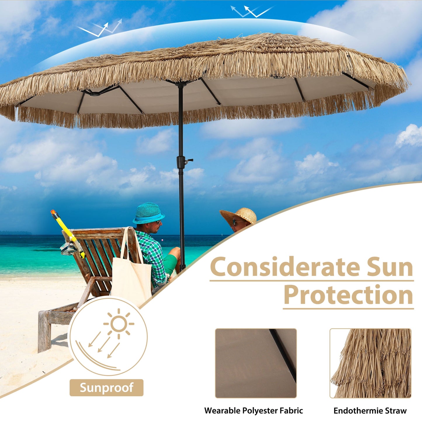 Autlaycil 13 ft Tiki Umbrella, Thatched, Hawaiian, Pool, Patio, Beach