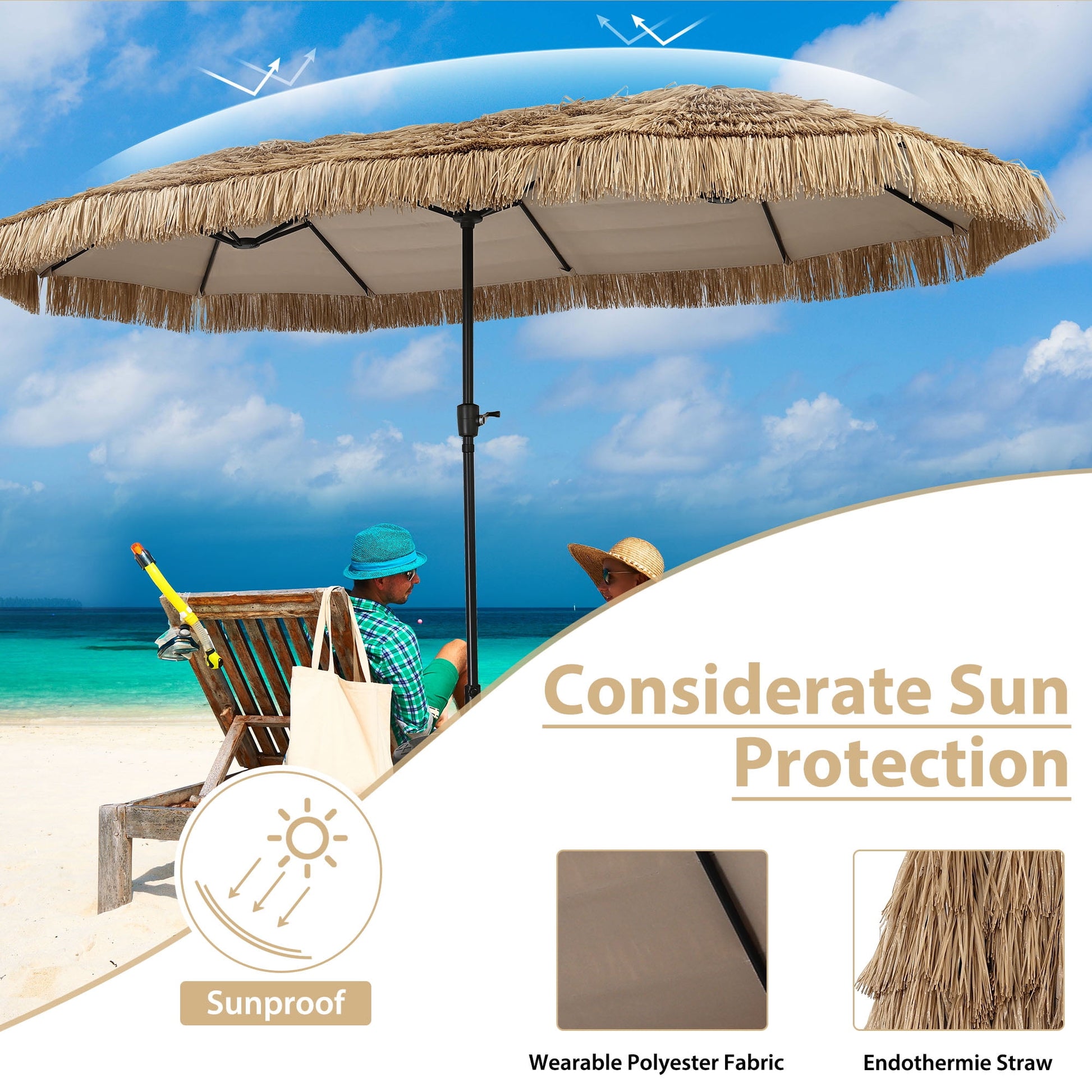 Autlaycil 13 ft Tiki Umbrella, Thatched, Hawaiian, Pool, Patio, Beach