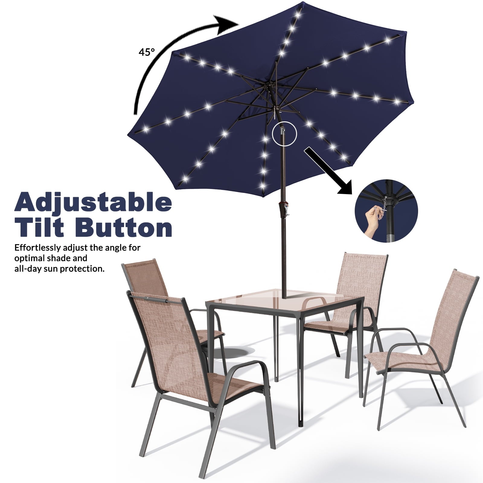 JUSTLET 10 ft Patio Umbrella for Table, Outdoor Sun Umbrella with LED Solar Lights, Navy Blue