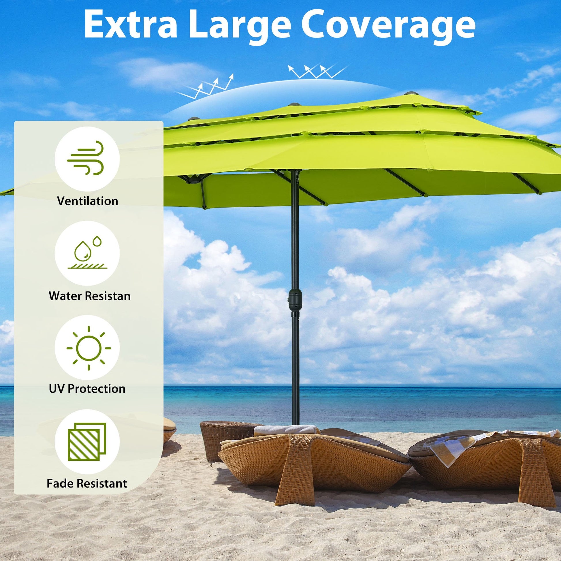 Ainfox 15ft Large Patio Umbrella, 3-Tiers Outdoor Double-Sided Rectangle Market Heavy Duty Umbrellas, Grass Green
