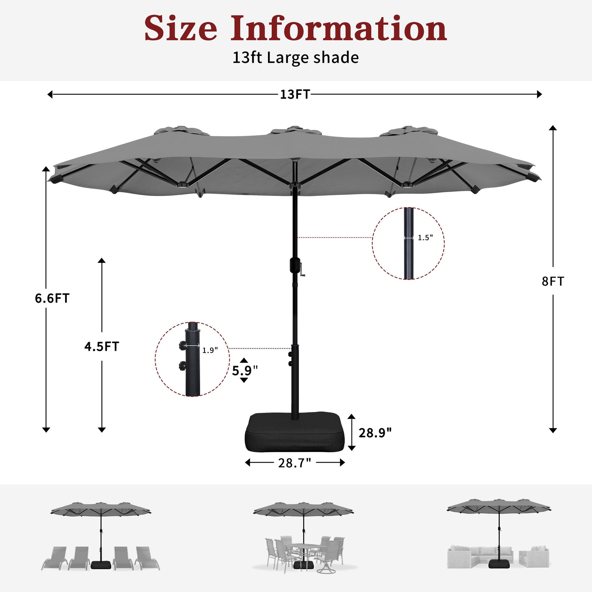 Walsunny 13 FT Outdoor Patio Umbrella with Base Included, Large Double-Sided Rectangular Umbrella with Crank Handle for Outside, Gray