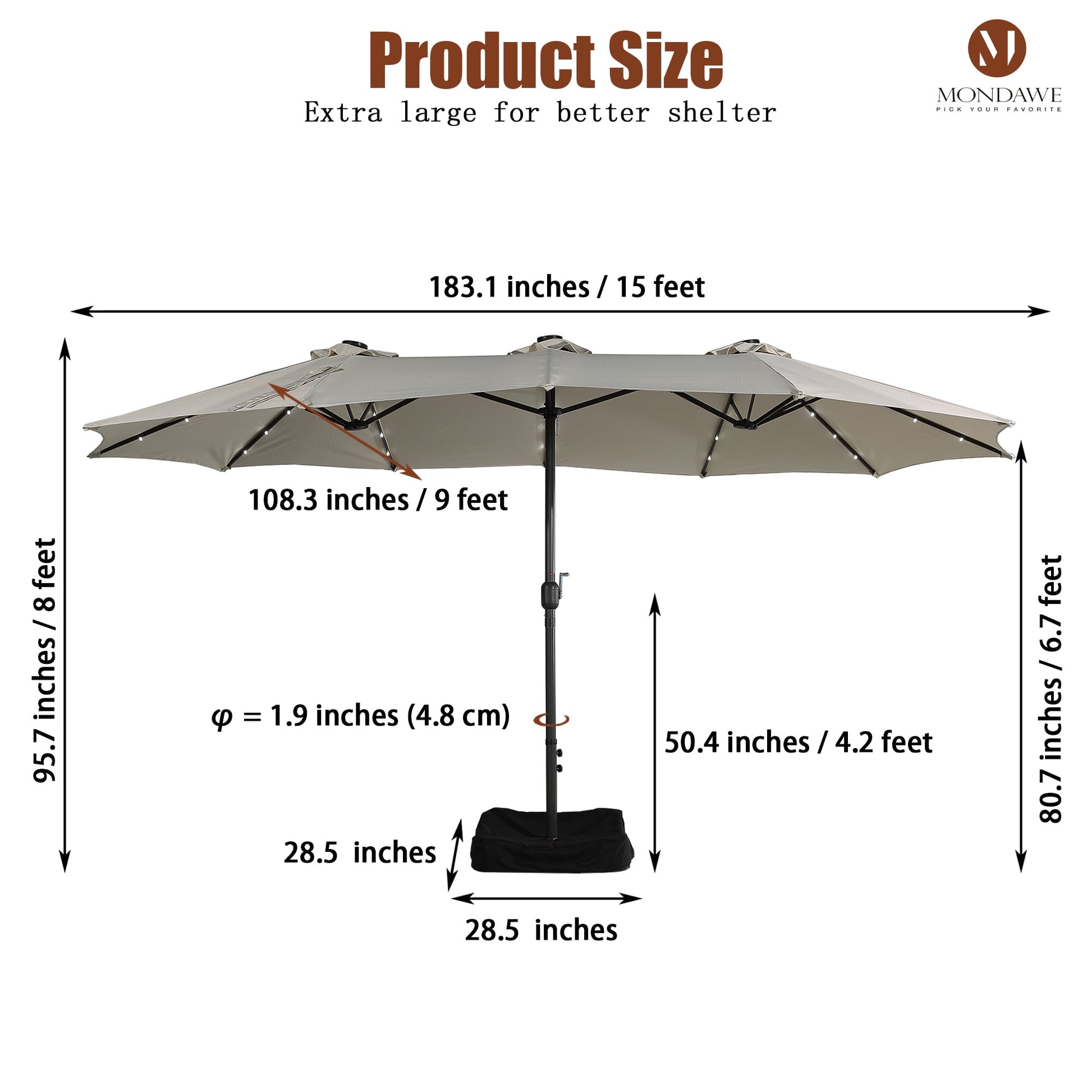 15ft Large Patio Umbrella with Solar Lights, Double-Sided Outdoor Market Rectangle Beach Umbrellas with 36 LED Lights, Umbrella Base (Stand) Included