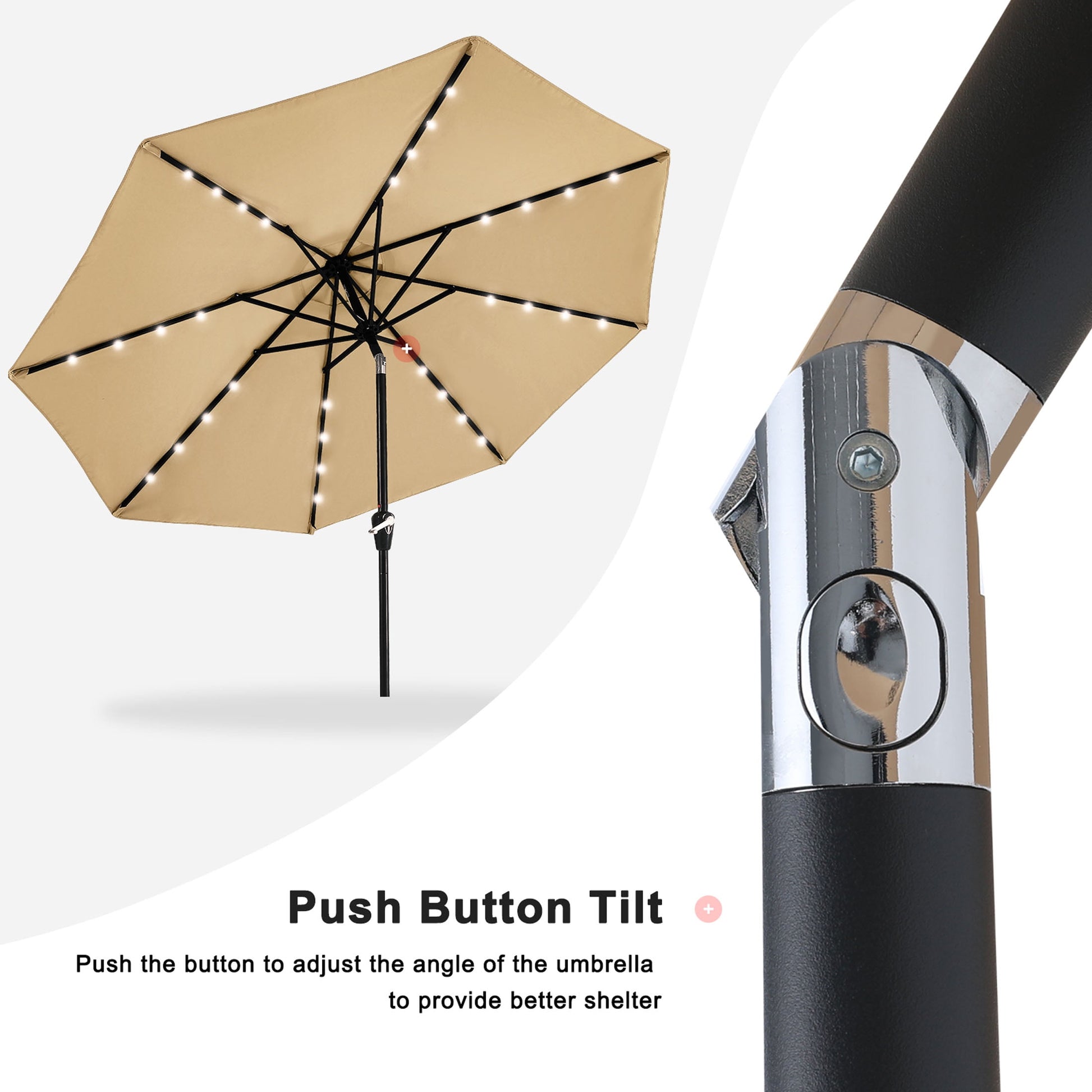 MASTERCANOPY 9ft Solar Patio Umbrella with 32 LED Lights Easy Tilt and Crank 8 Ribs, Khaki