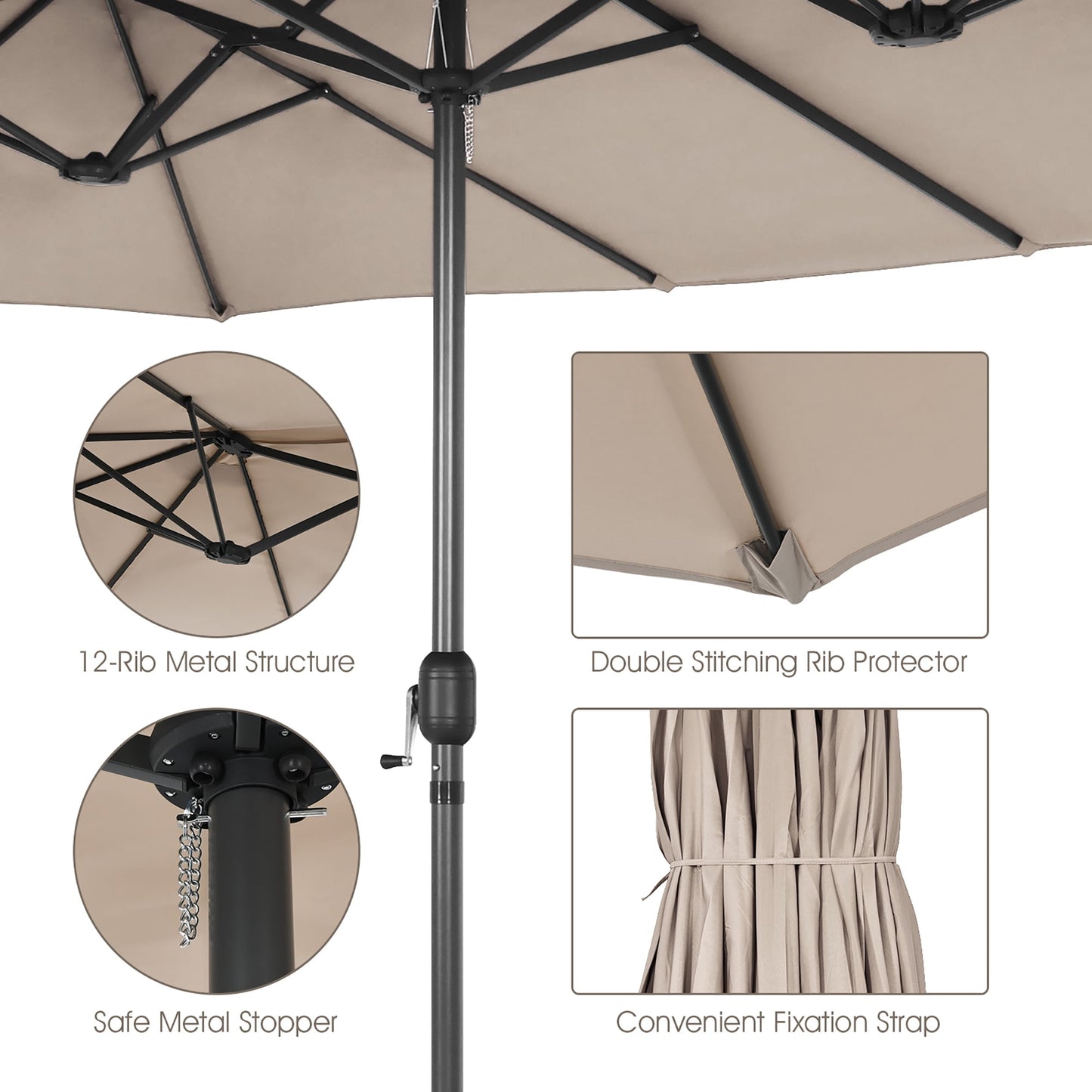 Costway 15ft Beige Patio Double-Sided Umbrella, Crank Lift
