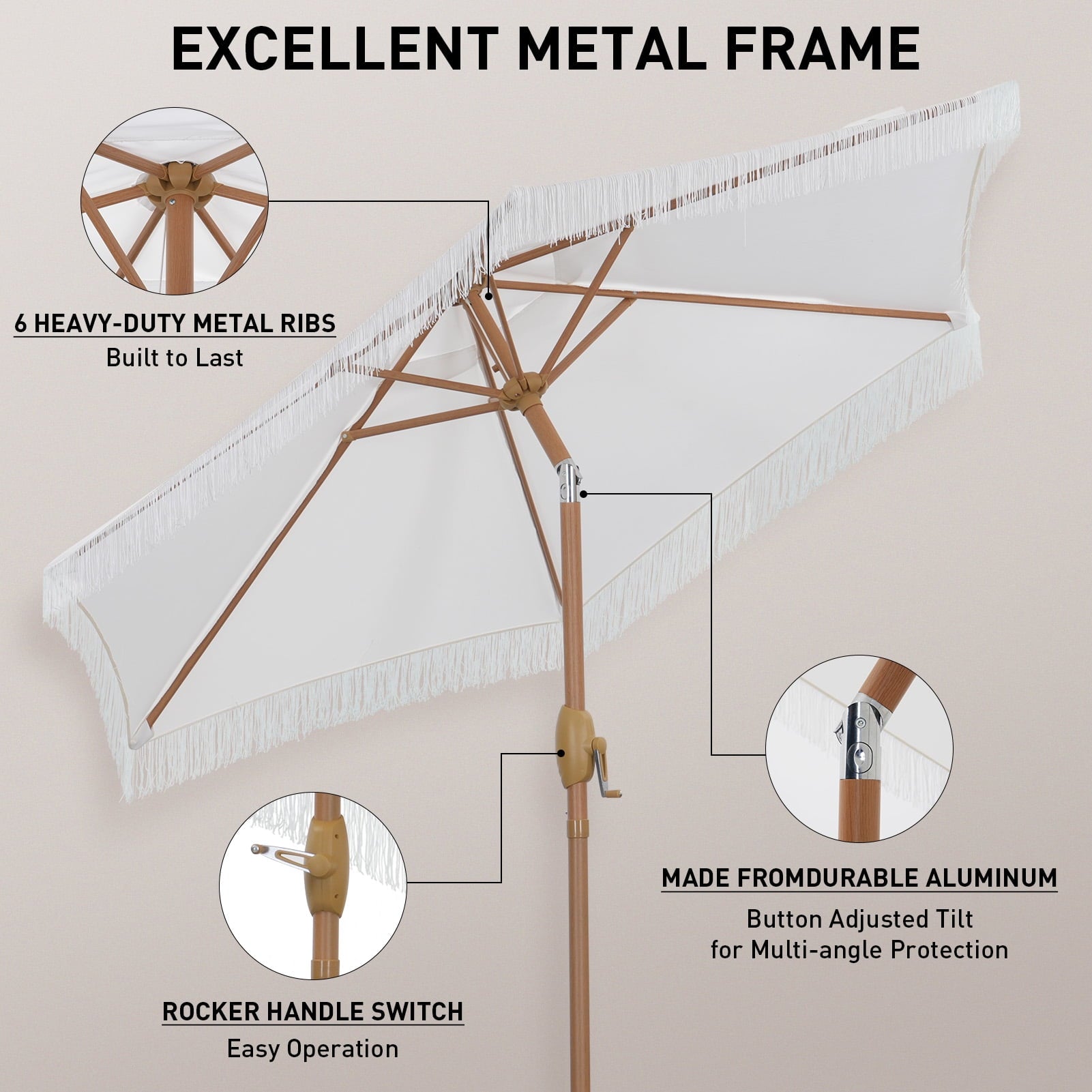 Autlaycil 7.5 ft Fringe Patio Umbrella, Outdoor Table Tassels Umbrella with Push Button Tilt and Crank (White)