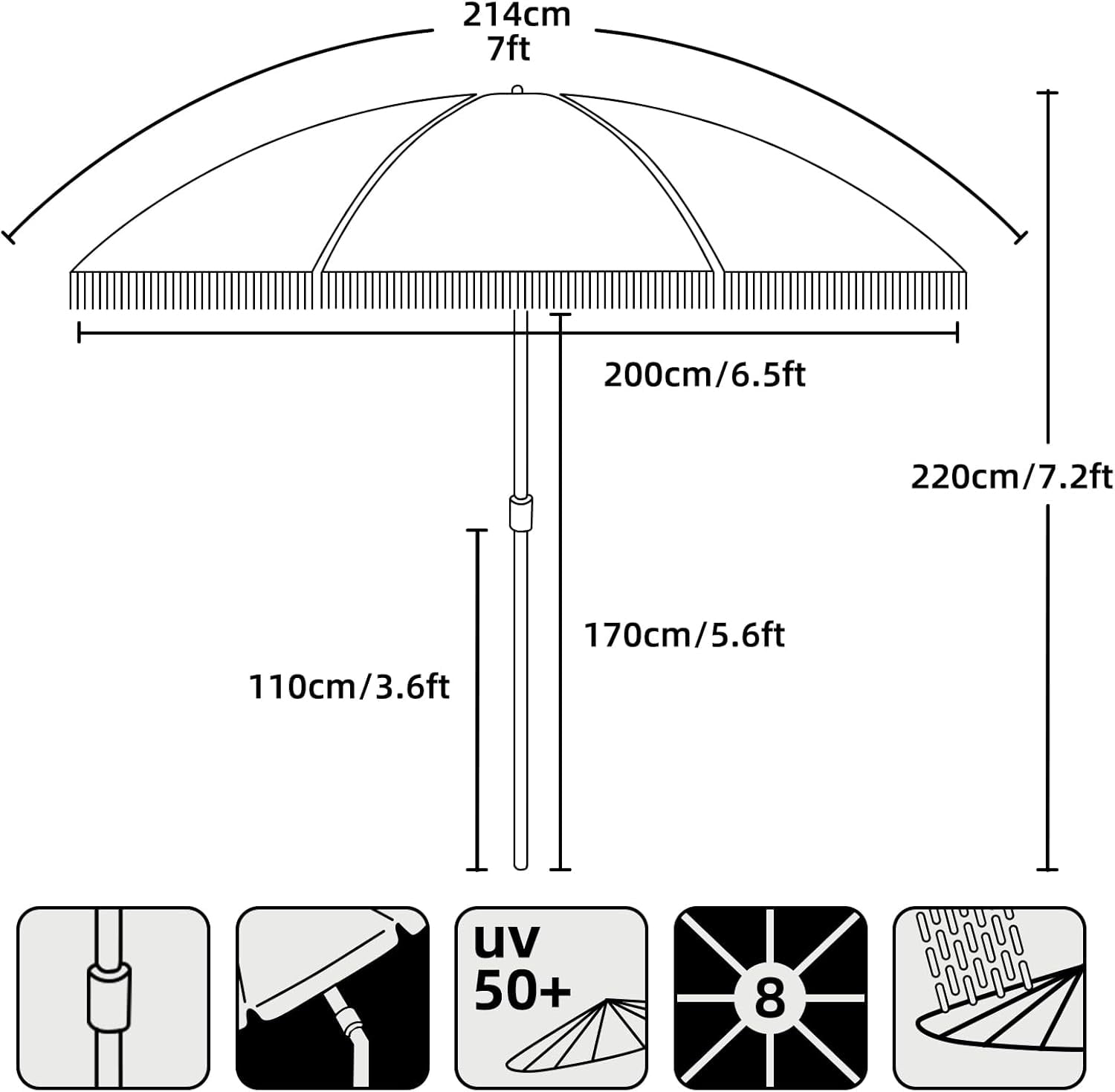 AMMSUN 7ft Fringe Patio Umbrella, Outdoor Table Tassels Umbrella with Push Button Tilt UPF50+ Shade Shelter,Cream White Camping Sun