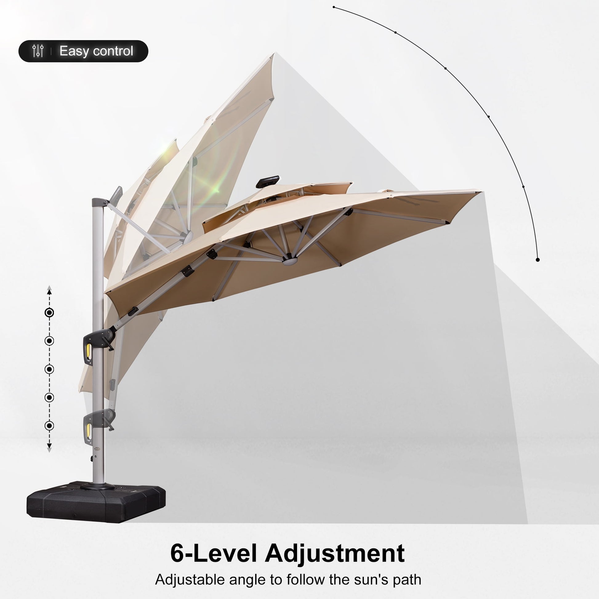 PURPLE LEAF 10FT Deluxe Round Solar Powered LED Patio Umbrella, Large Offset Cantilever Umbrella with 360° Rotation, Beige