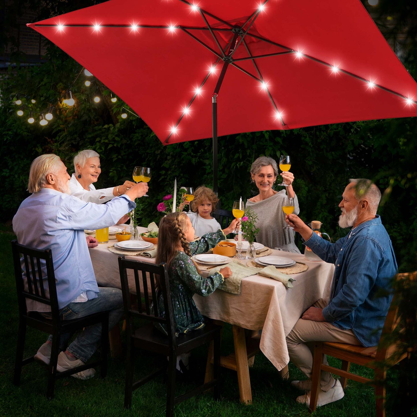 Yescom 10x6.5FT Rectangle Outdoor Solar LED Patio Umbrella with Crank Tilt for Table Market Yard Deck Pool Party Red