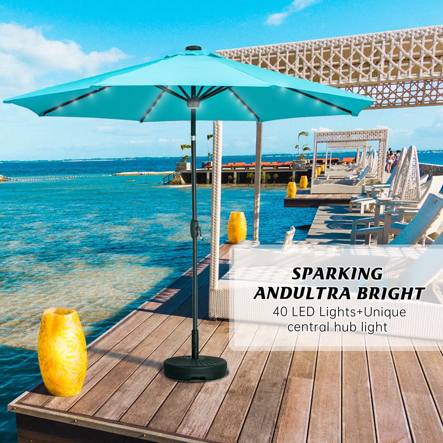 Ainfox 10ft Patio Umbrella Outdoor Solar Powered with 40 LED Lights,One Center Light and 8 Sturdy Ribs Without Base(Bule)