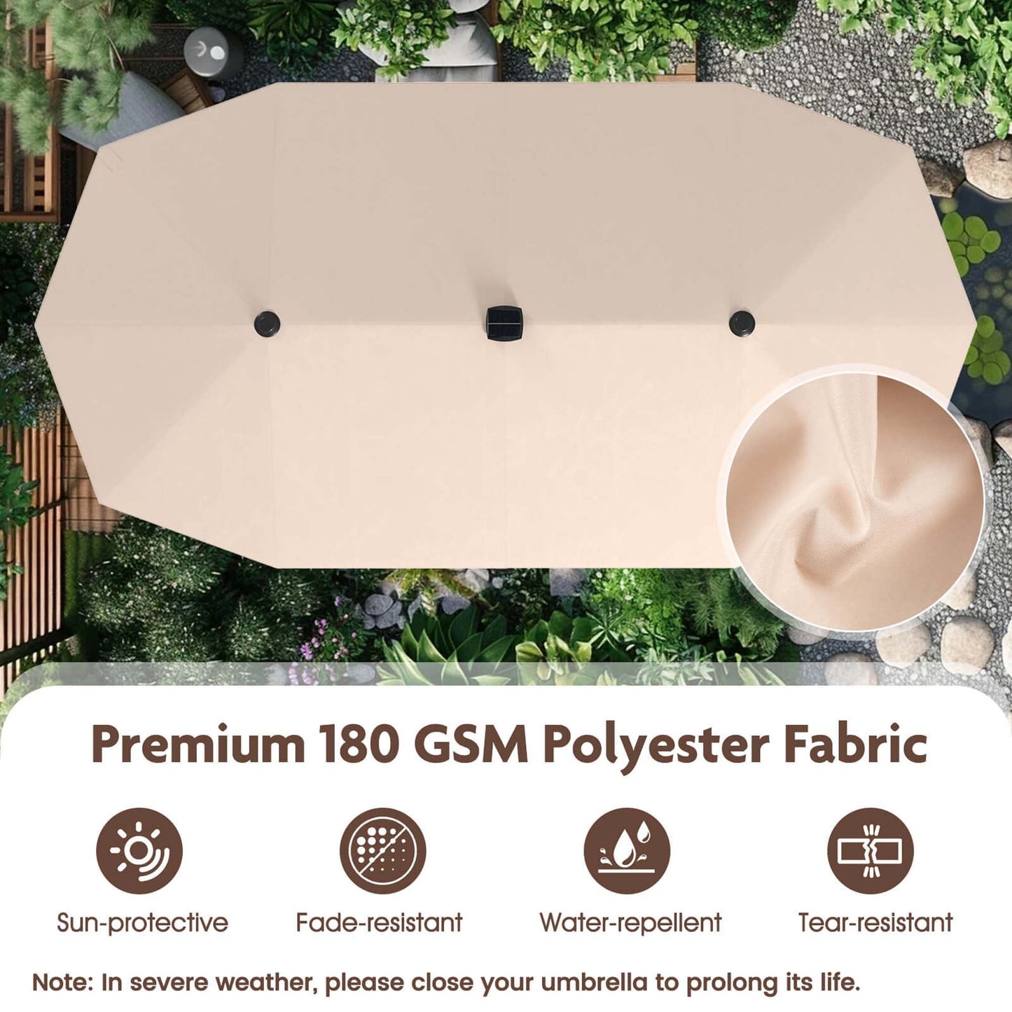 Costway 13 FT Large Patio Umbrella with LED Solar Lights Crank Handle 12 Heavy-Duty Ribs Beige
