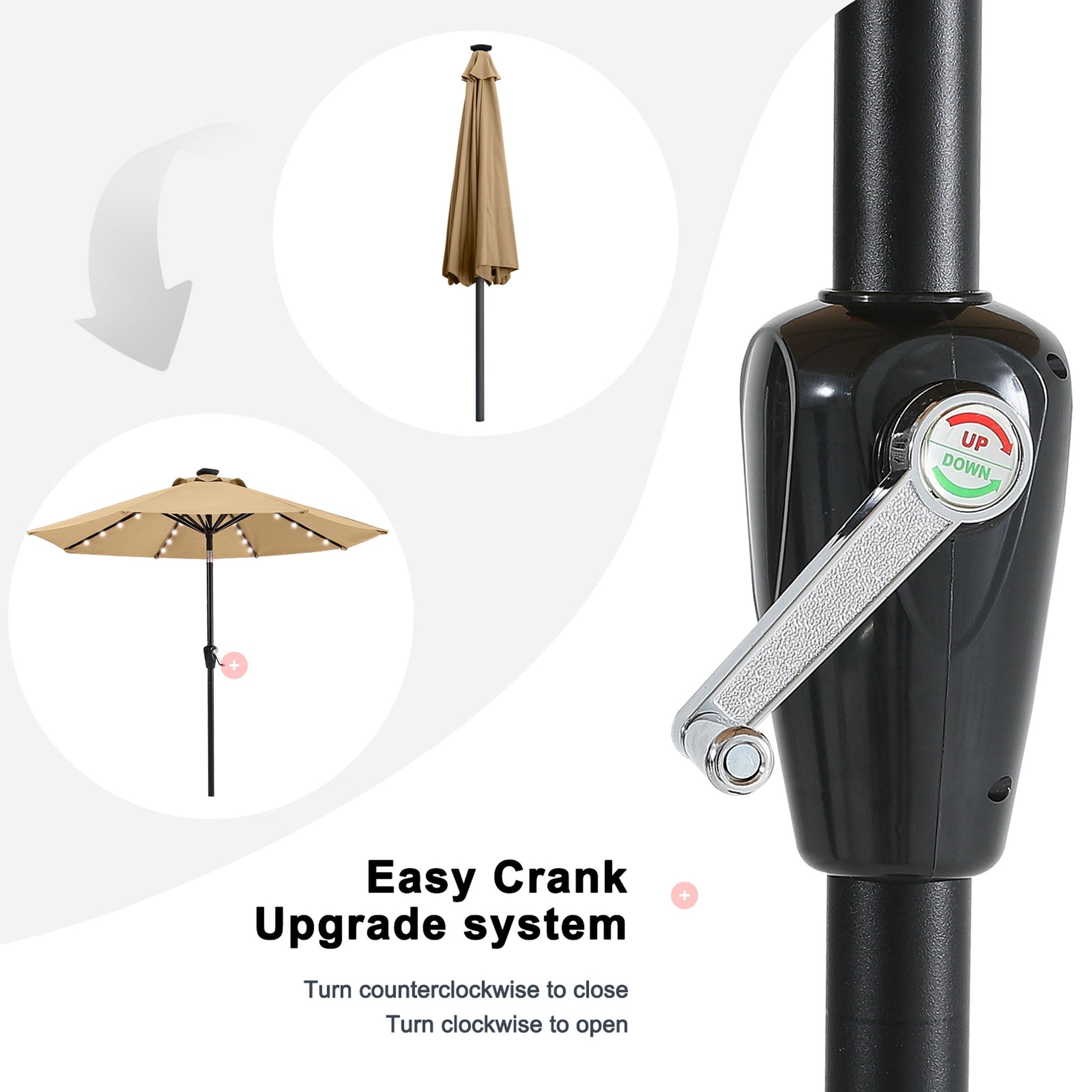 MASTERCANOPY 9ft Solar Patio Umbrella with 32 LED Lights Easy Tilt and Crank 8 Ribs, Khaki