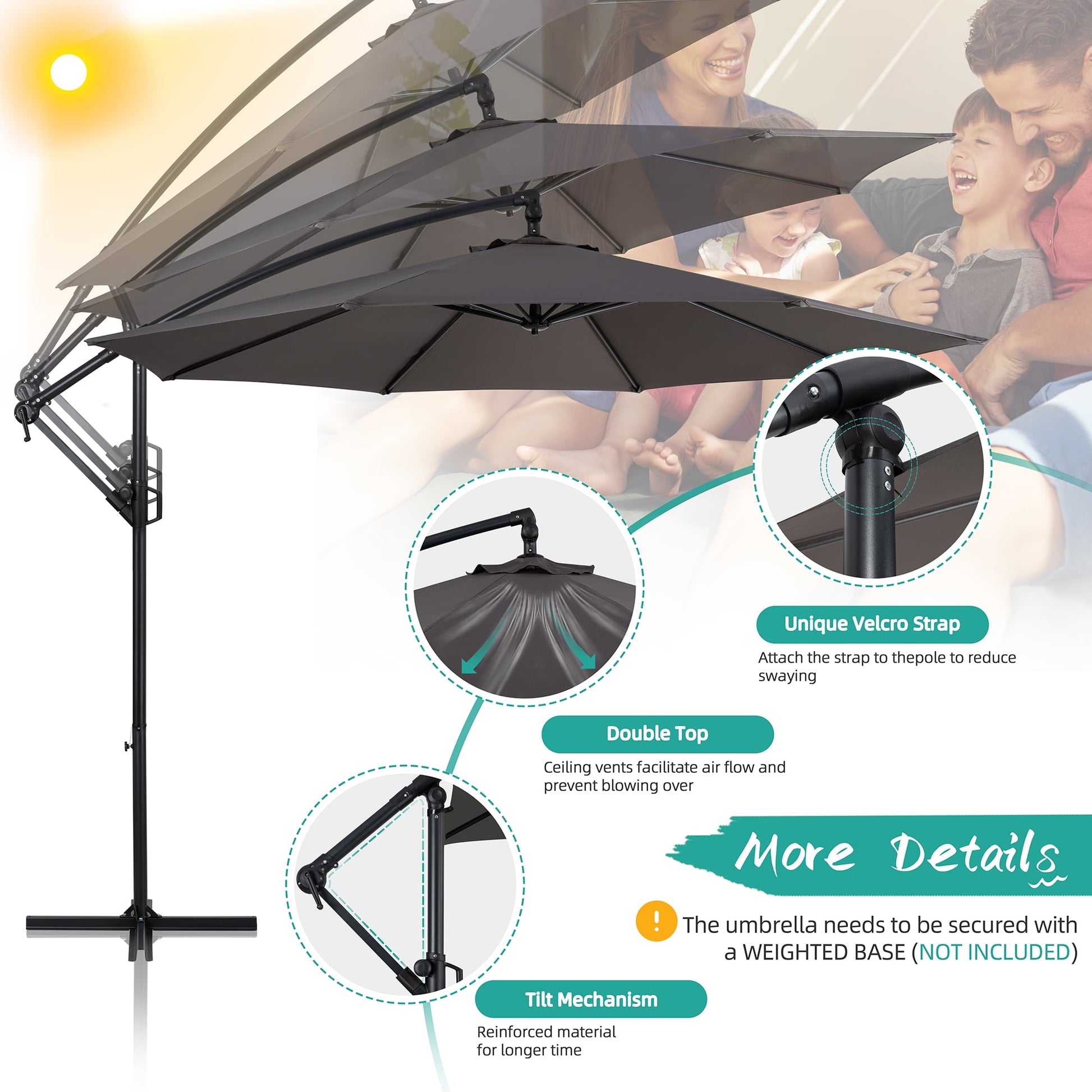 Walsunny 9FT Outdoor Hanging Offset Cantilever Umbrella with Cross Base, Patio Market Umbrella with Crank Sun Shade Canopy, Gray