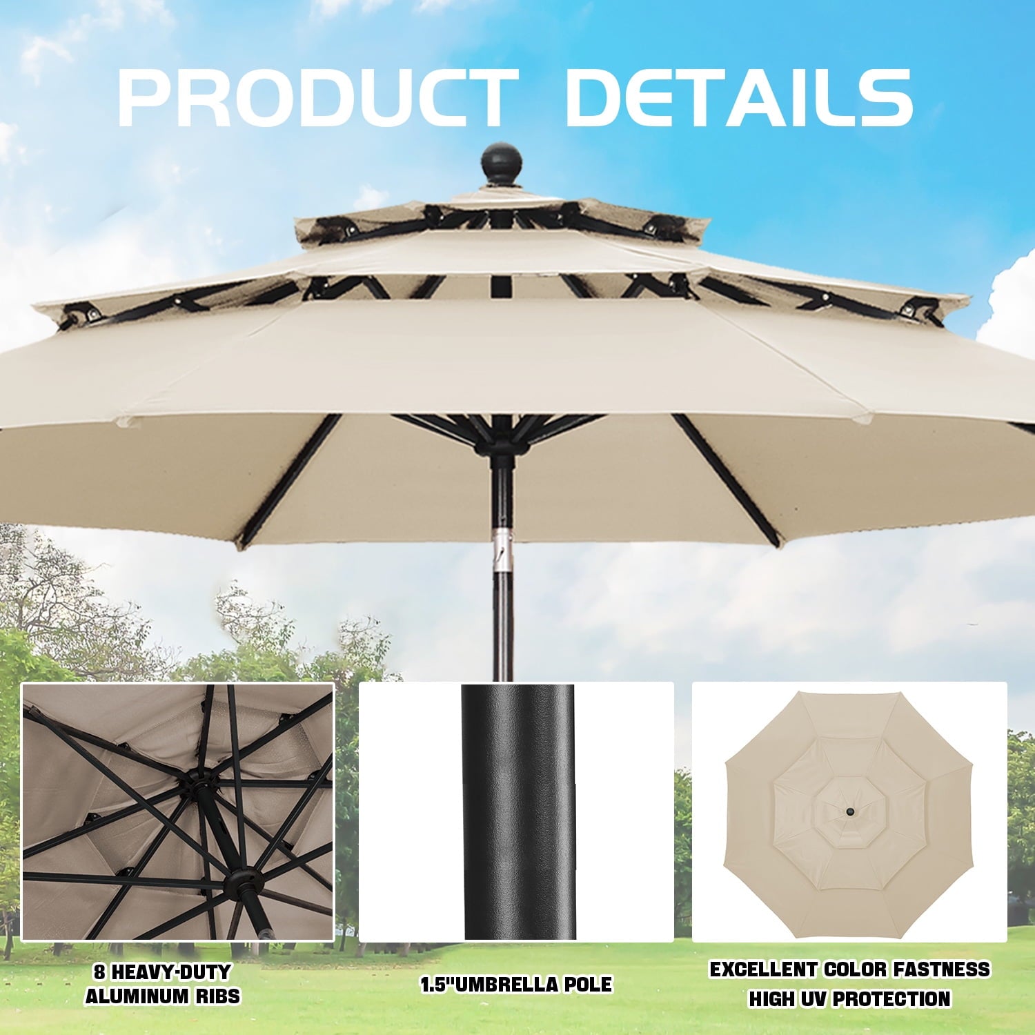Autlaycil Patio Umbrella 10 ft Outdoor Umbrella with 3 Tiers Adjustable Outdoor Market and Crank Tilt Perfect Table Umbrella for Garden Lawn Backyard Pool, Khaki