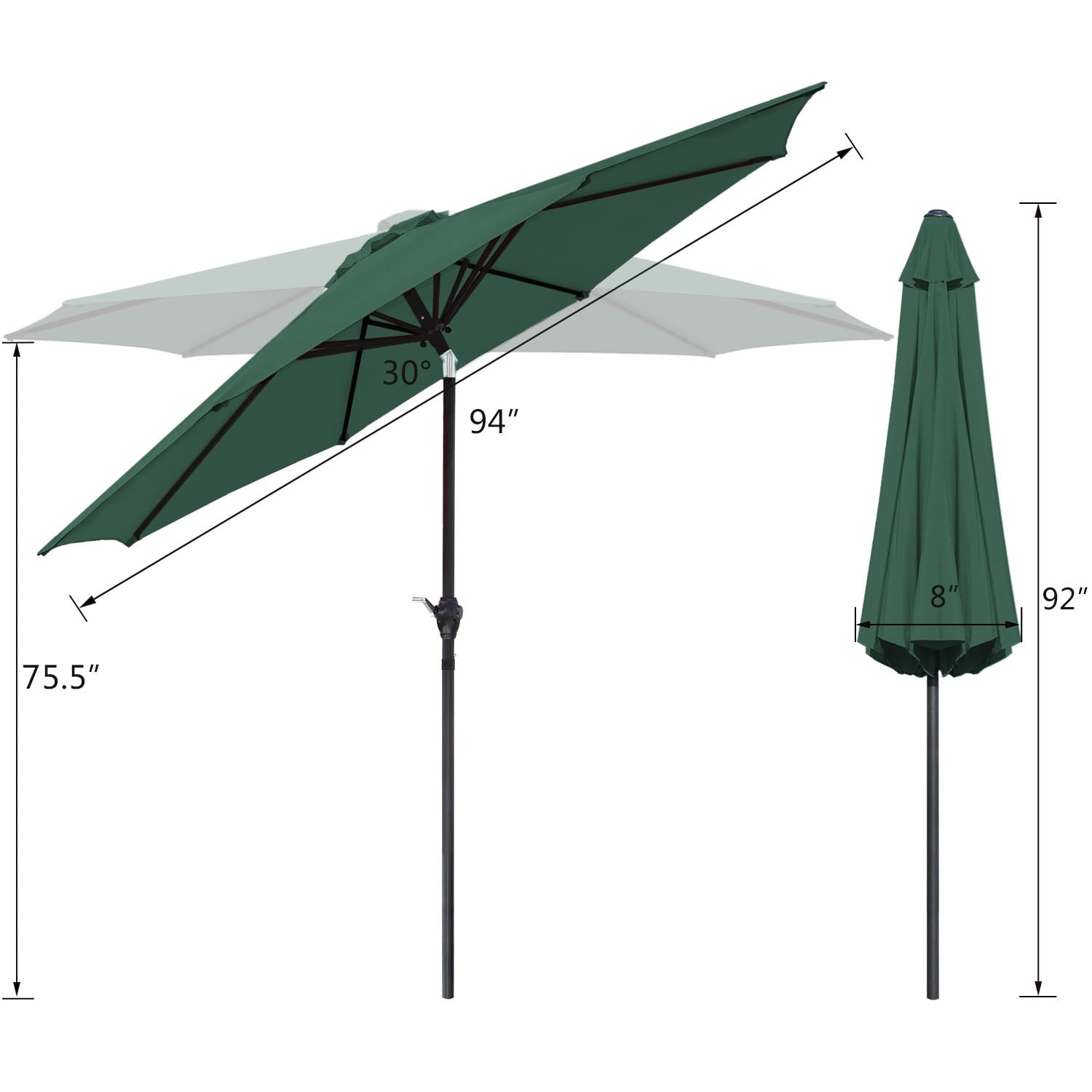 Lacoo 9' Green Patio Umbrella Outdoor Market Table Umbrella with Push Button Tilt, 8 Sturdy Ribs