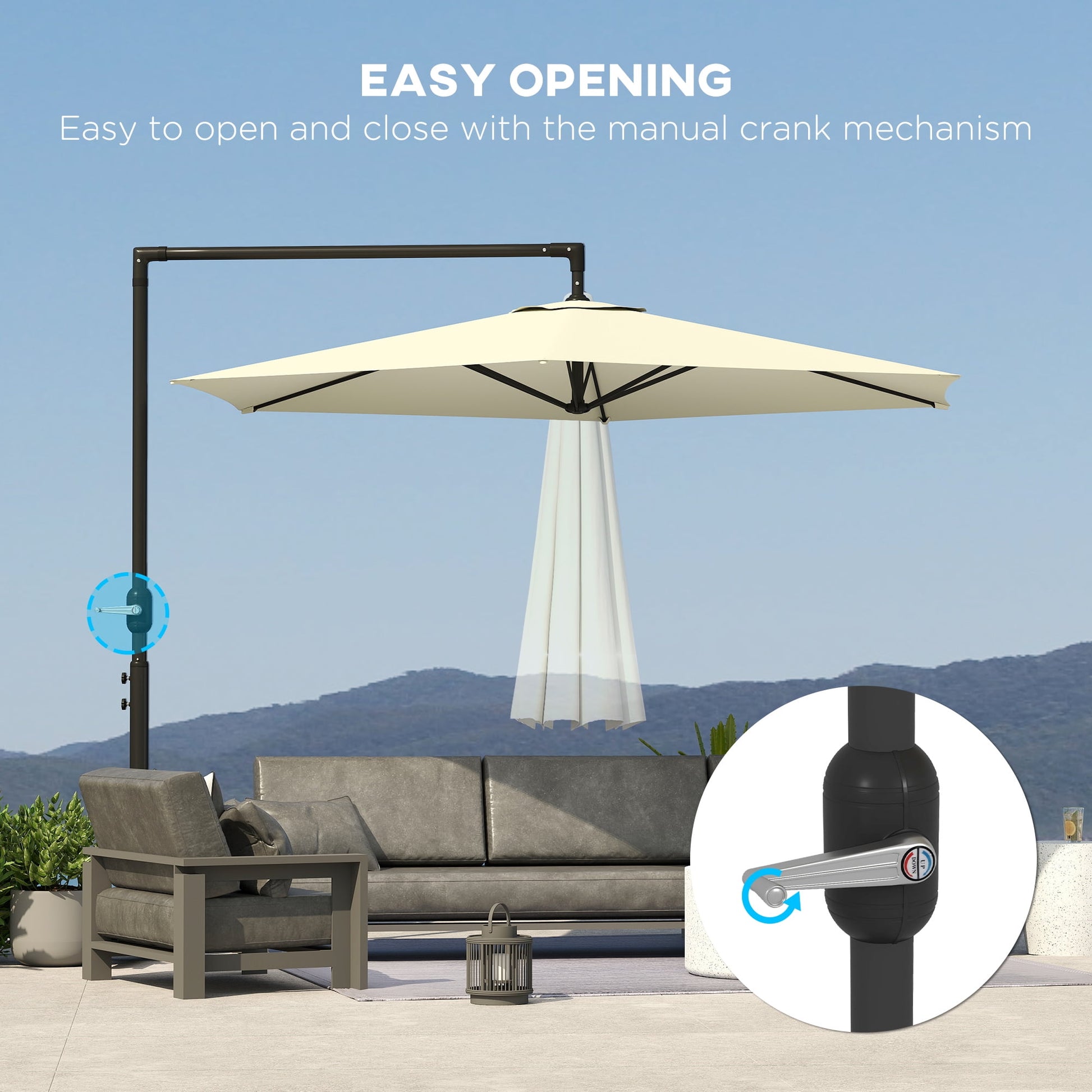Outsunny 9.5FT Cantilever Patio Umbrella with Crank, Cross Base and Air Vent, Round Hanging Offset Umbrella for Pool, Backyard, Deck, Garden, Beige