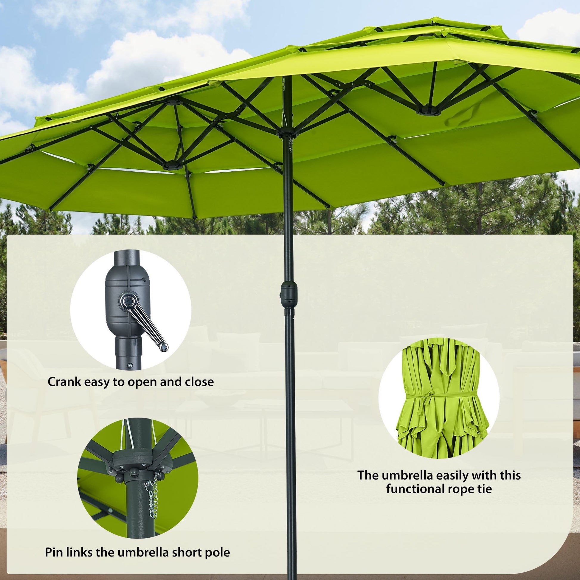 Ainfox 15ft Large Patio Umbrella, 3-Tiers Outdoor Double-Sided Rectangle Market Heavy Duty Umbrellas, Grass Green
