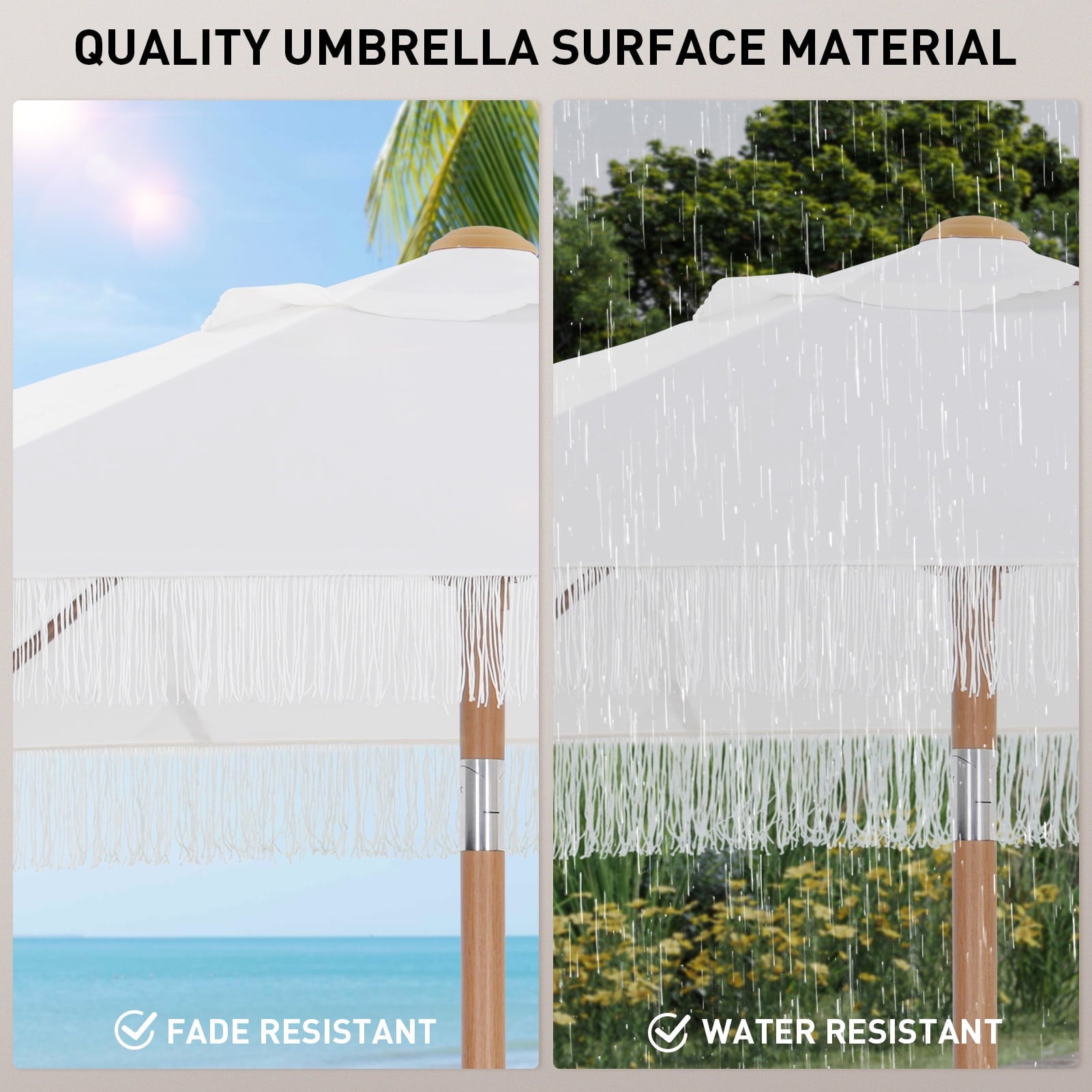 Autlaycil 7.5 ft Fringe Patio Umbrella, Outdoor Table Tassels Umbrella with Push Button Tilt and Crank (White)