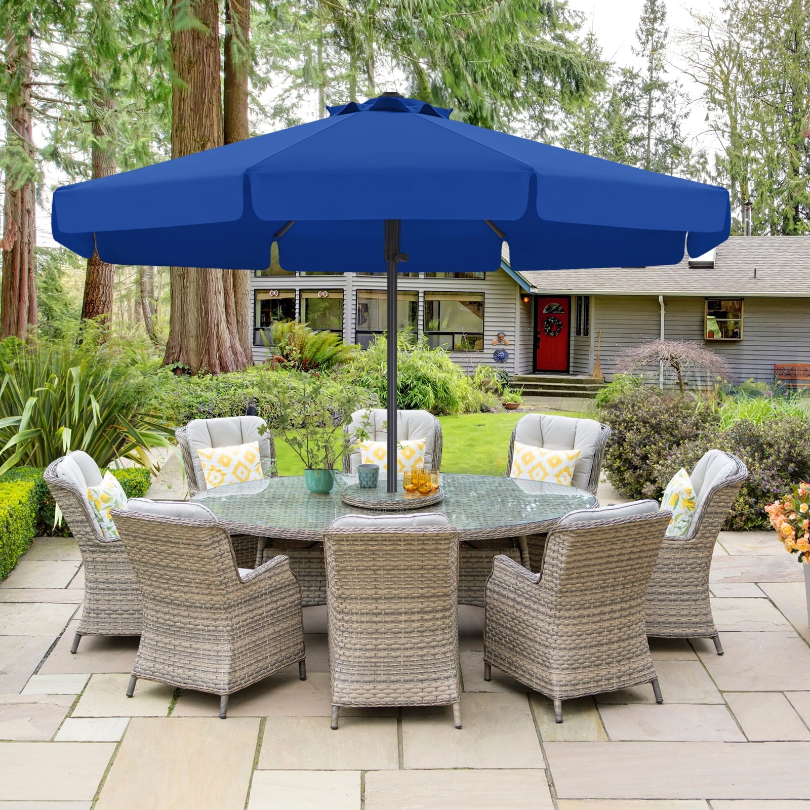 ABCCANOPY 9ft Outdoor Market Hand Push Patio Umbrella With Hanging Edge,12+Colors, Blue