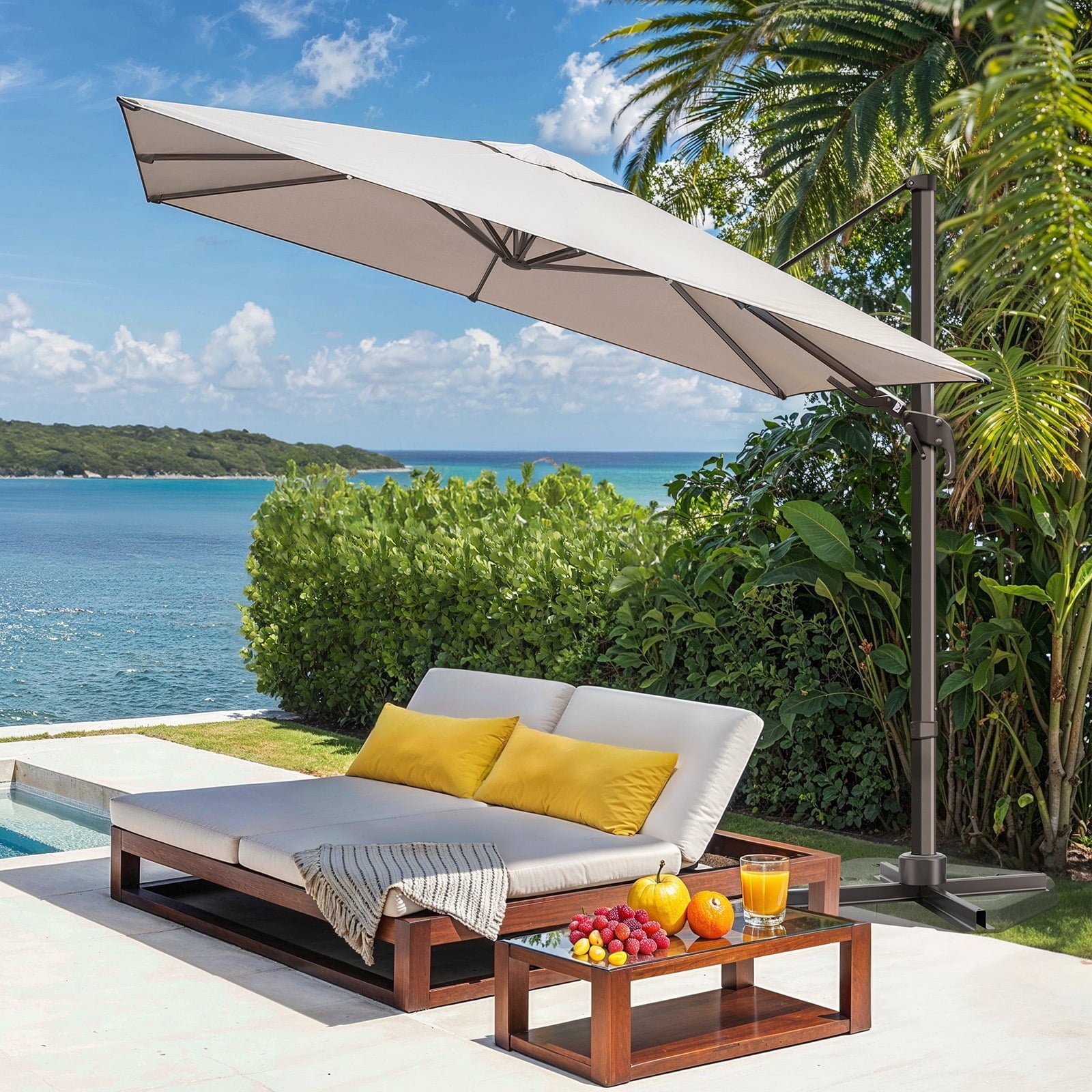 Vitarpatio 10x10ft Outdoor Patio Umbrella, Large Square Cantilever Umbrella Aluminum Offset Umbrella with Swivel Handle Tilt, 360 Degree Rotation and Crank, Champagne