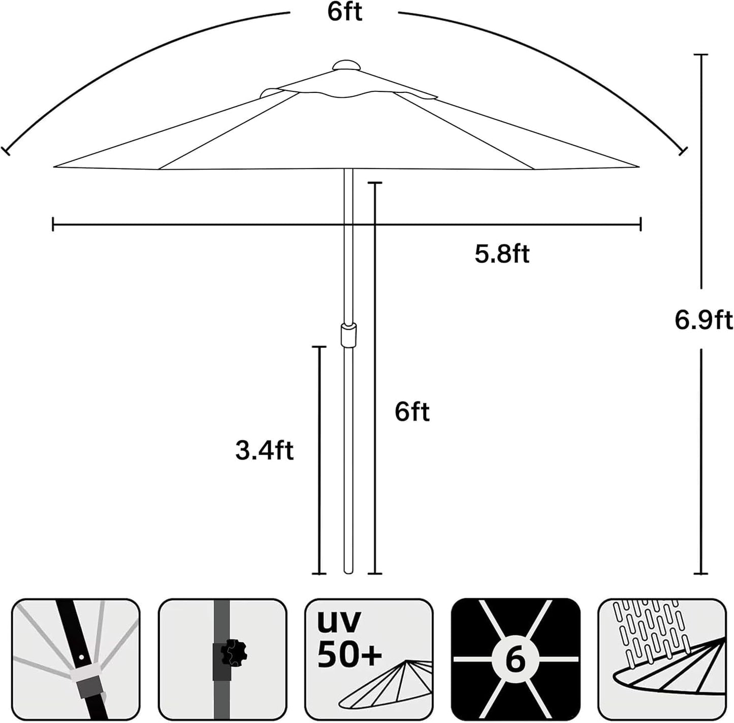 AMMSUN 6ft Blue Round Outdoor Small Table Pool Lawn Balcony Market Patio Umbrella, Push Up & Tilt