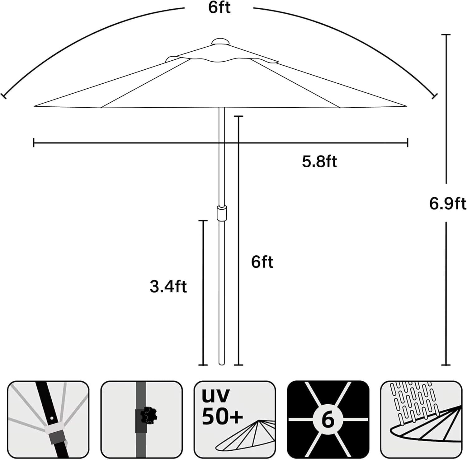 AMMSUN 6ft Blue Round Outdoor Small Table Pool Lawn Balcony Market Patio Umbrella, Push Up & Tilt