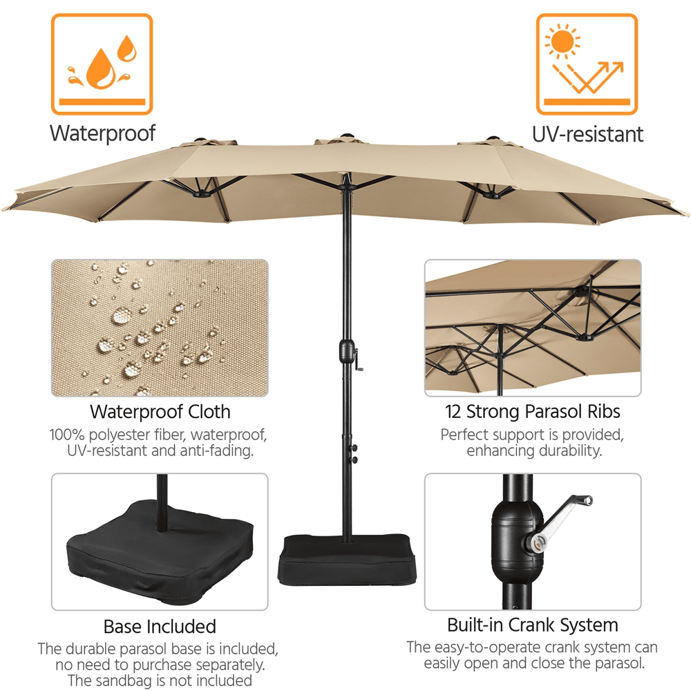 Renwick 13 Ft Outdoor Patio Parasol Umbrella with Base Stand, Tan