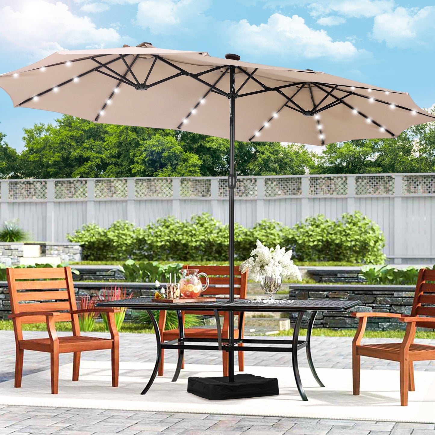 Alpha Joy 15ft Extra Large Outdoor Patio Double-Sided Umbrella with LED Solar Lights & Umbrella Base, Beige