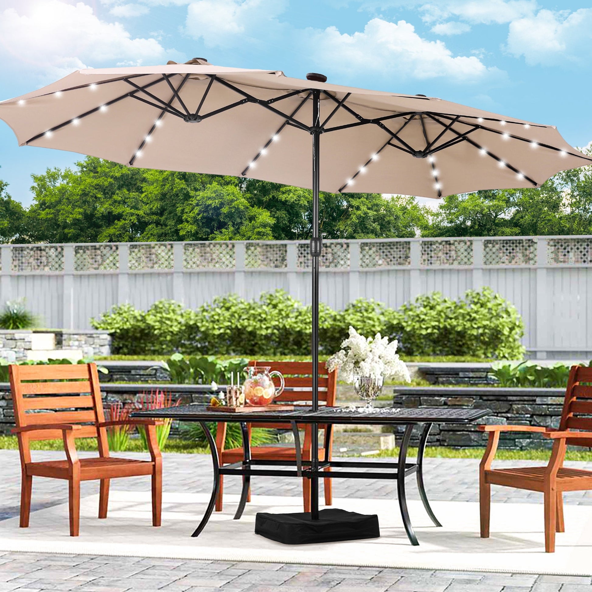 Alpha Joy 15ft Extra Large Outdoor Patio Double-Sided Umbrella with LED Solar Lights & Umbrella Base, Beige