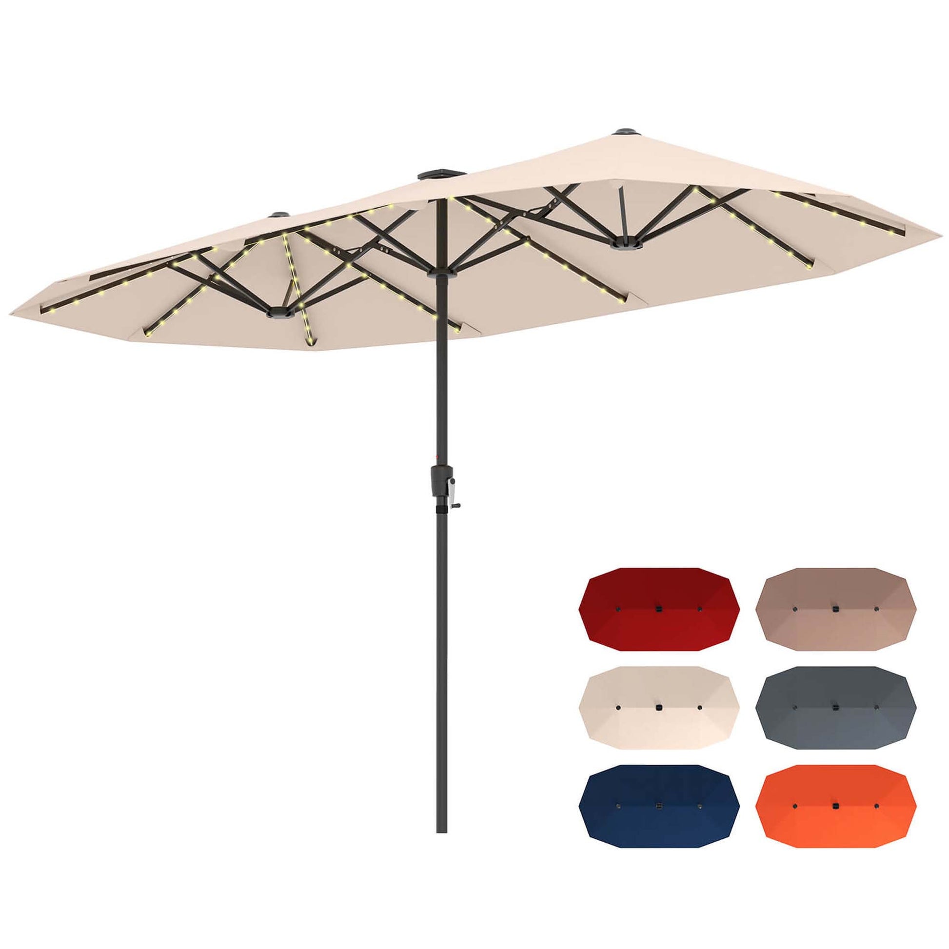 Costway 13 FT Large Patio Umbrella with LED Solar Lights Crank Handle 12 Heavy-Duty Ribs Beige