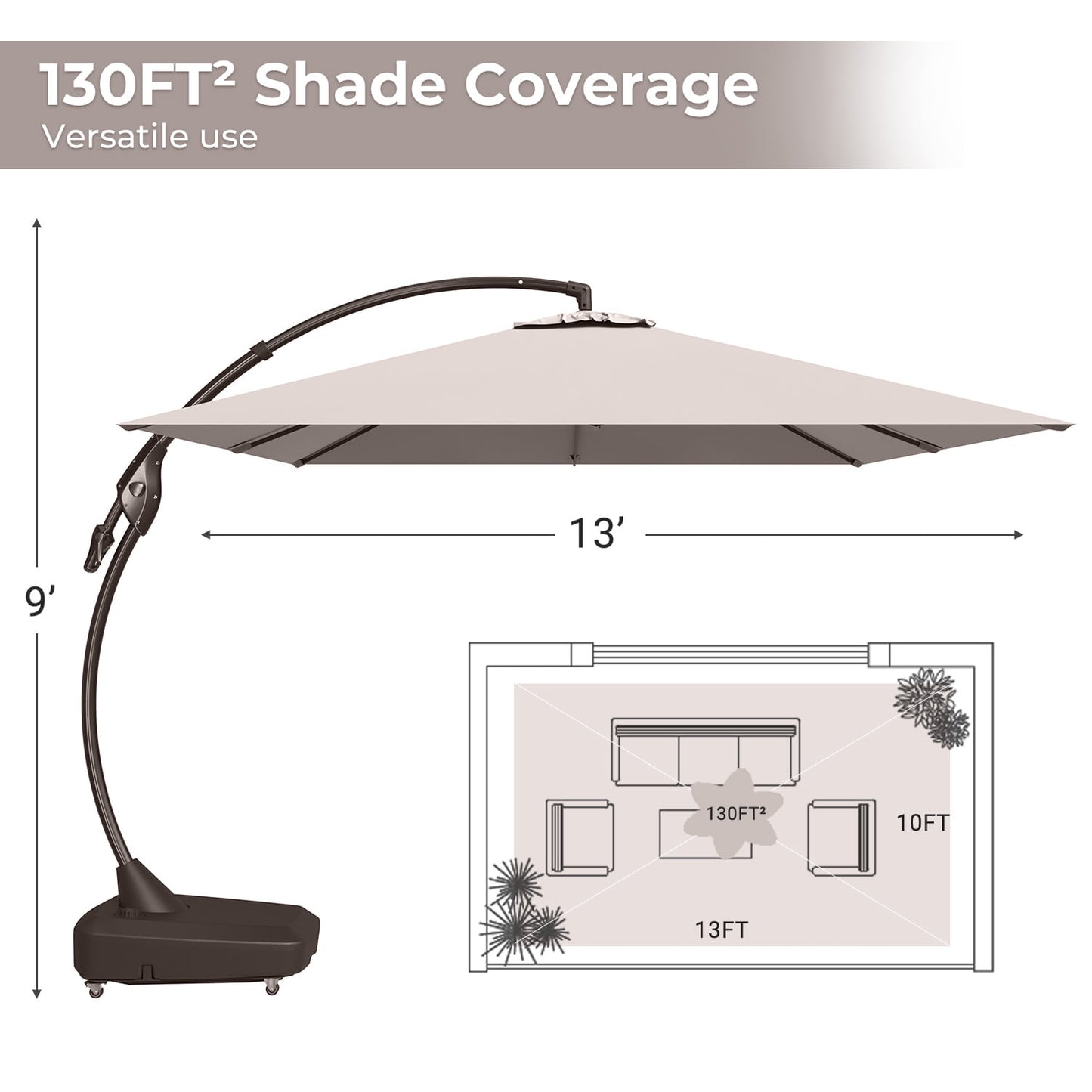 Grand Patio Patio Umbrellas 10x13 FT Rectangular Offset Umbrella, Large Patio Cantilever Umbrella with Base Aluminum Outdoor Umbrella for Garden Poolside, Champagne
