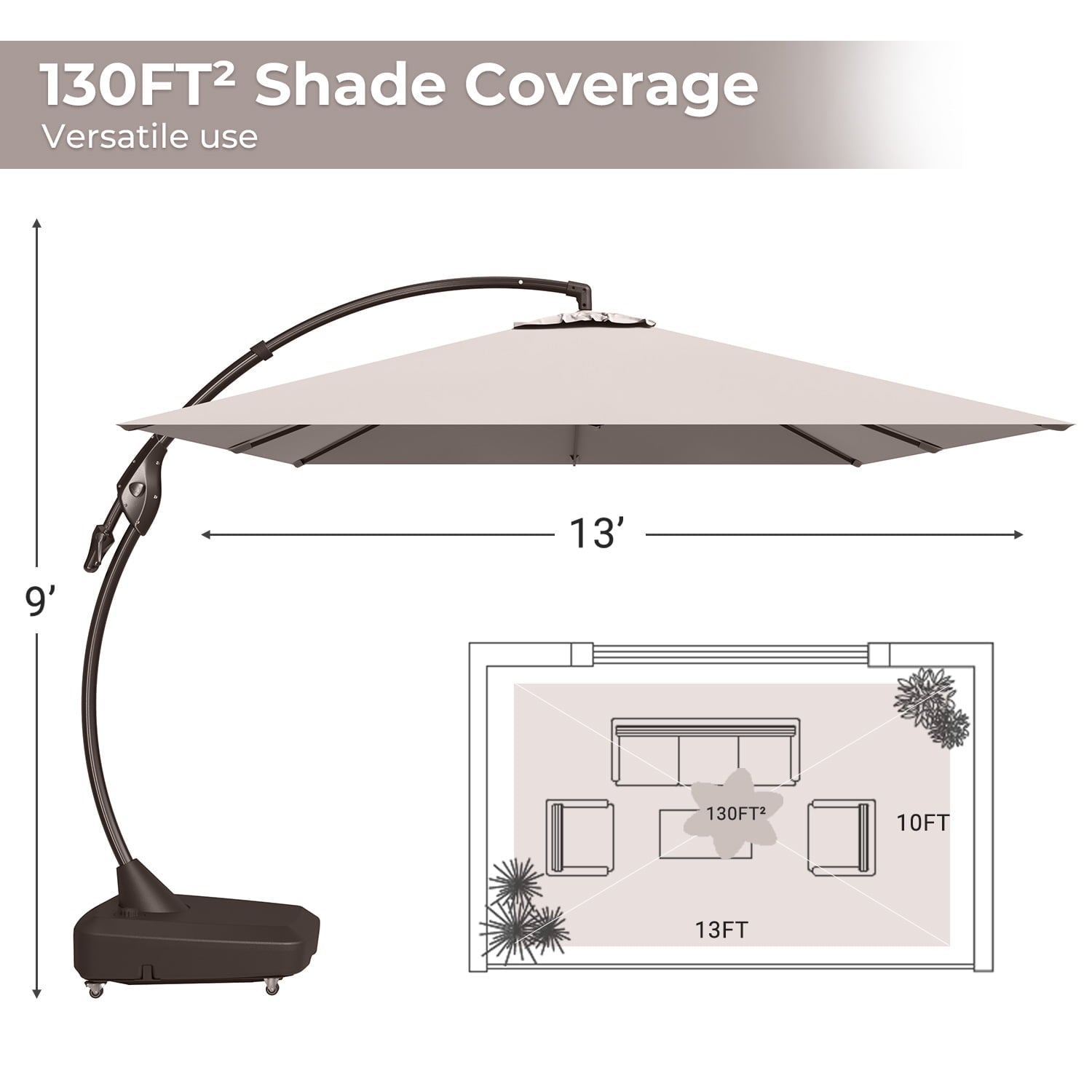 Grand Patio Patio Umbrellas 10x13 FT Rectangular Offset Umbrella, Large Patio Cantilever Umbrella with Base Aluminum Outdoor Umbrella for Garden Poolside, Champagne